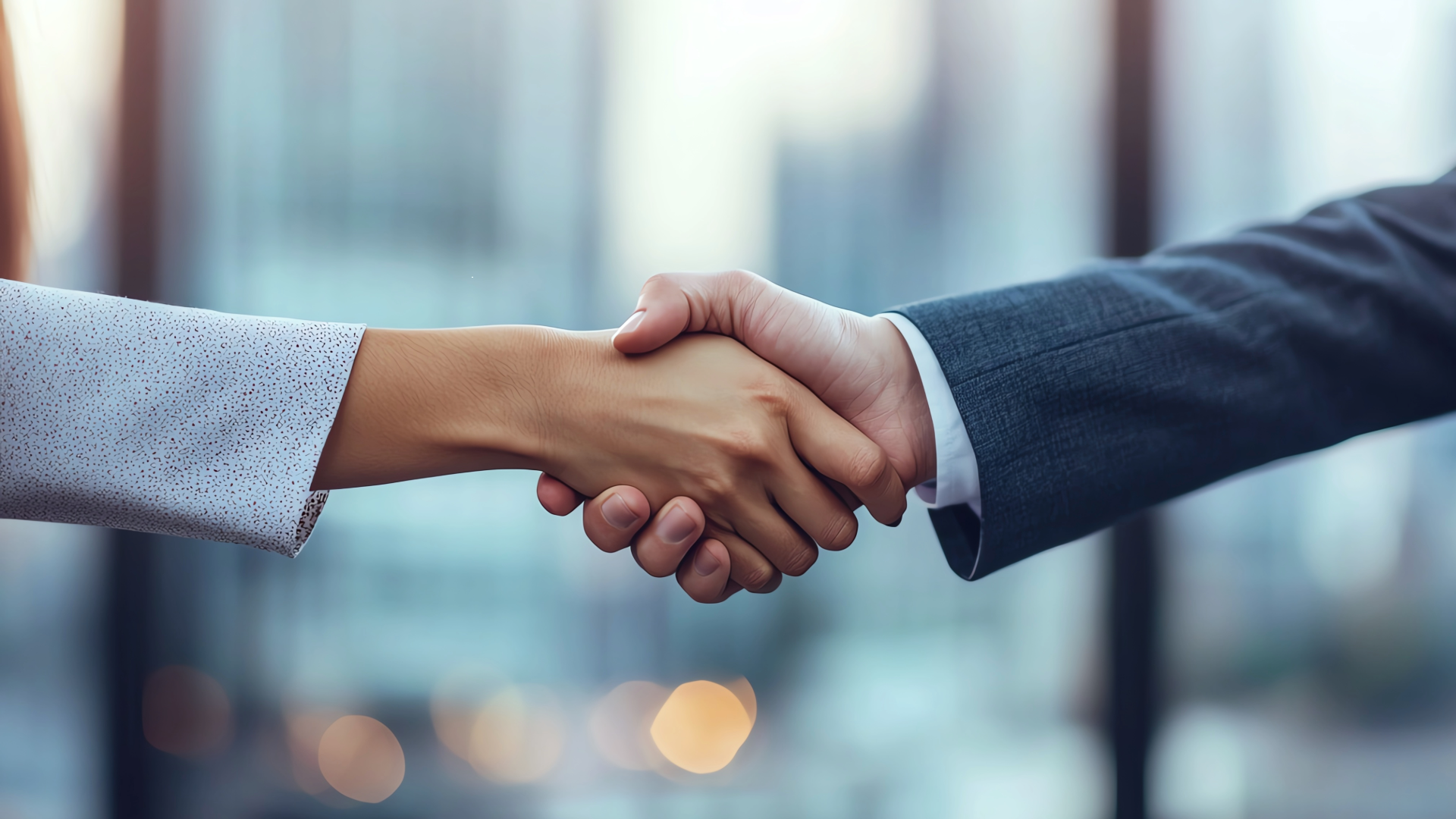 two people shaking hands over a wooden table