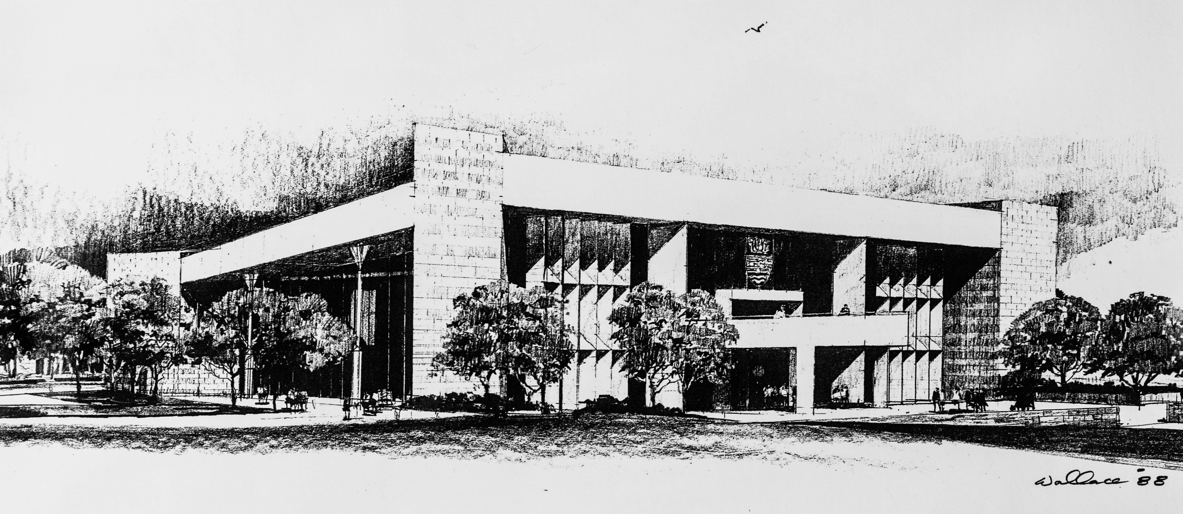 A black and white sketch of a building.