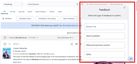 Library Search Feedback screenshot