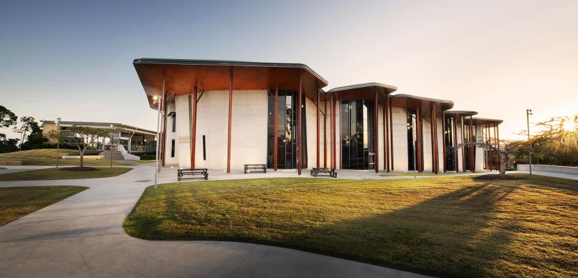 Abedian School of Architecture building at sunset