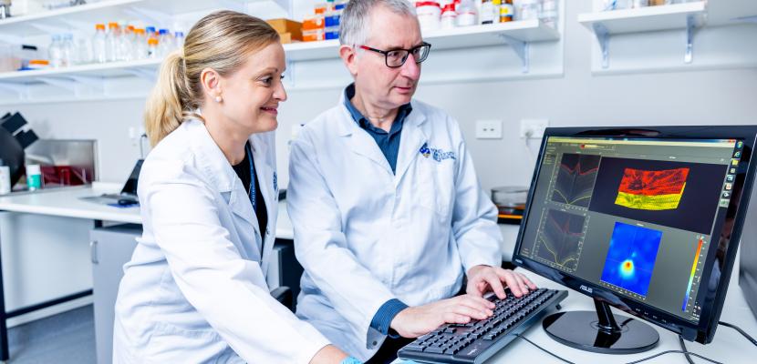 Female and male staff members reviewing medical research in the Faculty of Health Sciences & Medicine Research Labatory