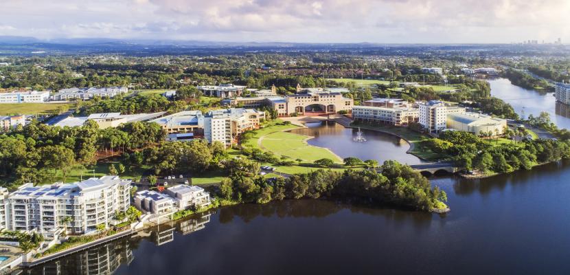 Wider aerial view of the Bond University campus.