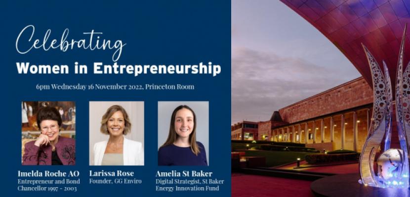 Infographic with an image of Bond University's Limitless statue under the Arch and the Celebrating Women in Entrepreneurship event key speakers.