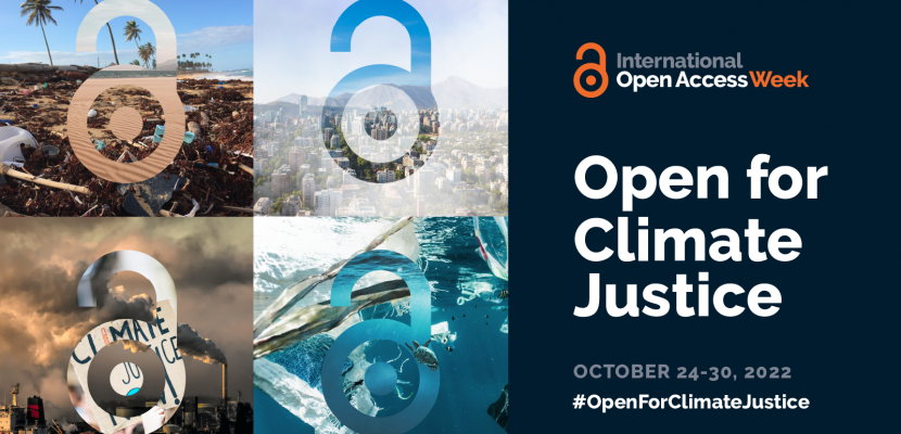 Open access logos on different backgrounds with text 'Open for Climate Justice'