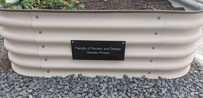 A garden bed with a sign that reads Faculty of Society & Design Garden Project