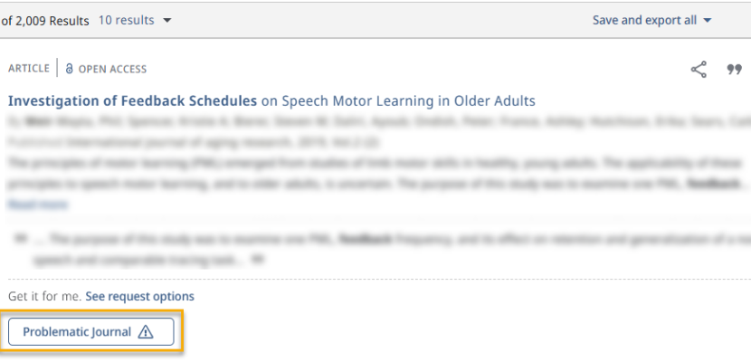 Screenshot from Library Search with Problematic journal button highlighted