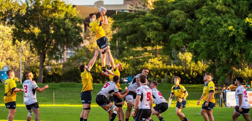 Rugby teammates launching player in the air to catch ball from Lineout.